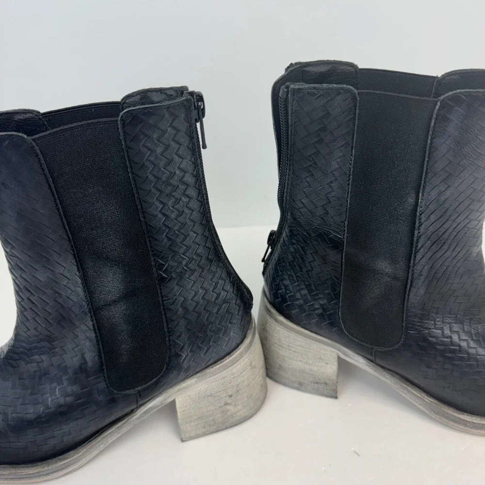Free‎ People Brayden Woven Black Leather Ankle Boots Distressed Block Heel 6.5